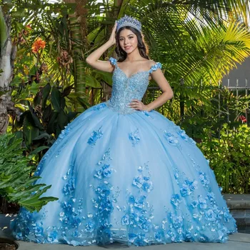  Sky-Blue Bujne Haljine, Slatka je 16 Loptu Haljina Princeze Za Zurke S otvorenim Ramenima, Aplike, 3D Cvijeće, Vestidos De 15 Años