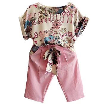  Kit dječje odjeće 2018, Ljetna majica s kratkim rukavima i grafiti + roza ženske sportske hlače, kompleti Odjeće za djevojčice iz 2 predmeta, dječja odjeća, Odijelo